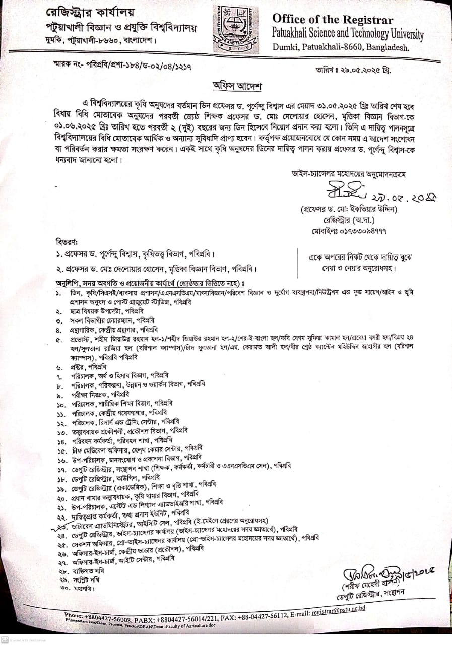 কৃষি অনুষদের ডিন নিয়োগ